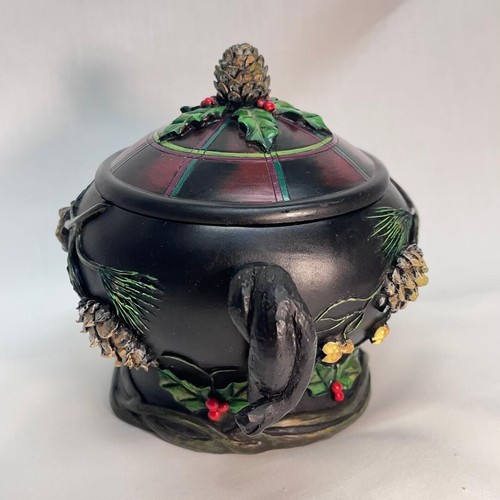 VTG Rare Lefton Covered Candy Dish Holly Berries Pine Needles Handles 5"Diax4"H - Picture 3 of 6