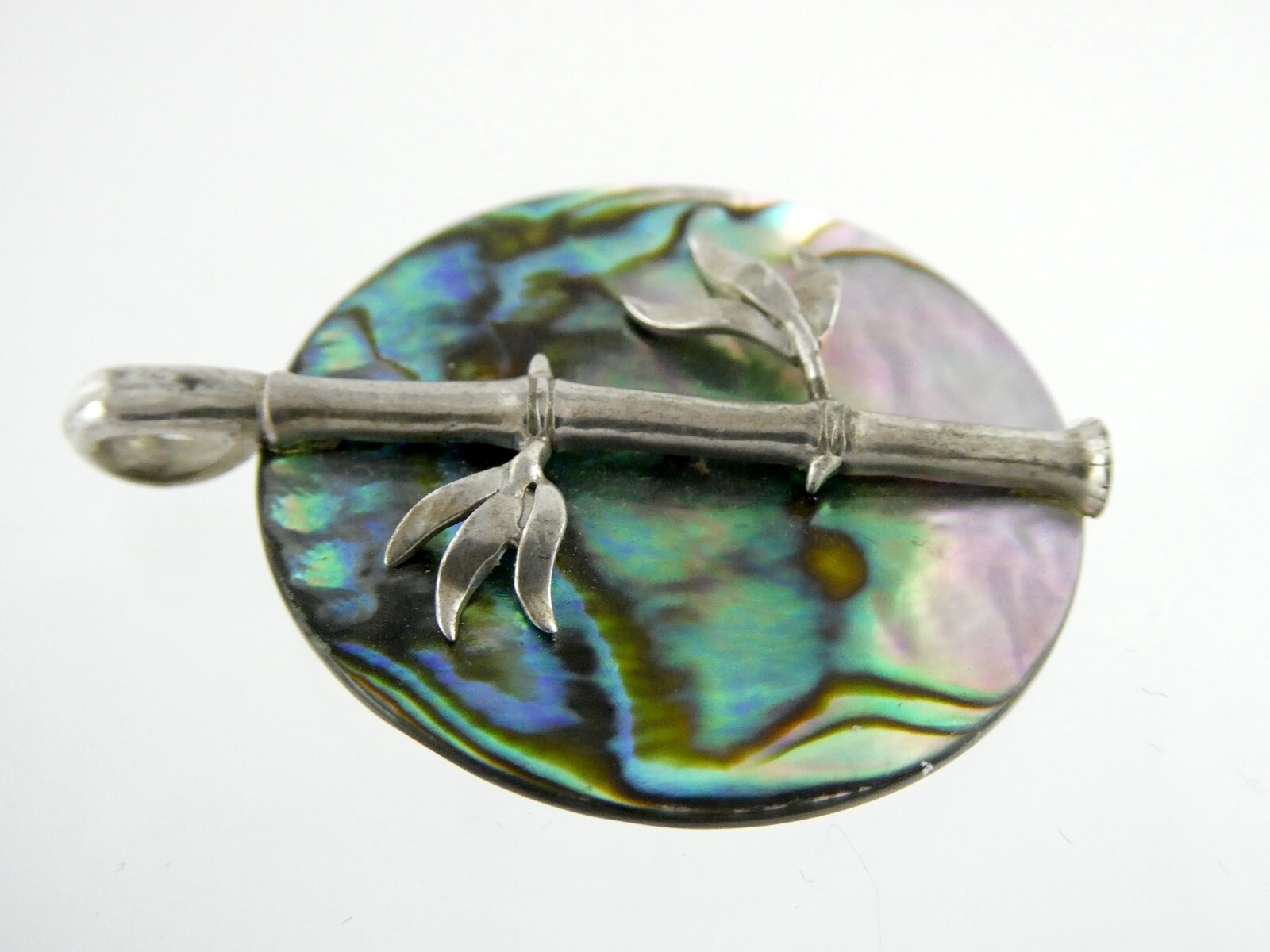 Sterling Silver Bamboo Theme Abalone Shell Pendan… - image 5