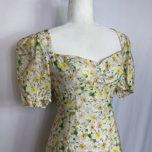 ASTR The Label Sweetheart Puff Sleeve Floral Midi Dress Size M Yellow White - Picture 8 of 16