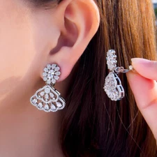 Non Pierced CZ Flower Cloud Drop Clip On Earrings Silver Plated Pageant Jewelry