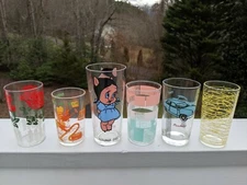 Lot of 5 Vintage Glasses: Petunia Pig, Sabrina Cleans Room, Panhard + 3 Boscul