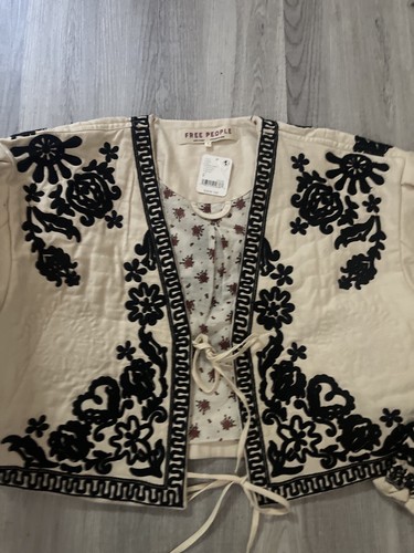 Free People Quilted Embroidered Black White Mabel Jacket With Ties SMALL $248 - Picture 5 of 8