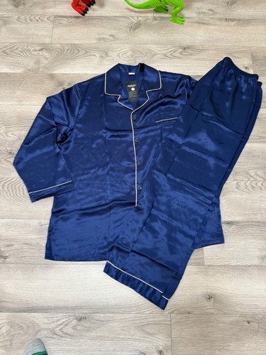 Silksilky Mulberry Silk Pajama Set Size XXL Navy Blue Long Sleeve Button Down - Picture 10 of 17