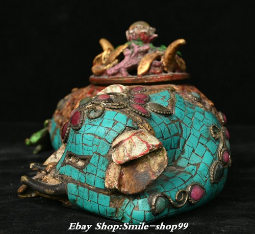 7.8" China Pure Bronze Turquoise Elephant Beast Animal Incense Burner Censer - Picture 11 of 17