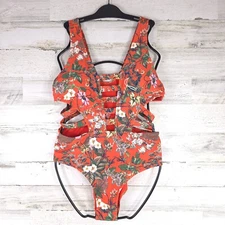 TINIBIKINI ONE PIECE SWIMSUIT WOMENS SIZE XL RED TROPICAL PRINT STRAPPY WIRELESS