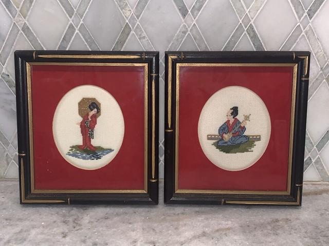 Vintage PR Chinoiserie Needlepoint Embroidered Ladies 7”x7.75” Framed Asian Vintage PR Chinoiserie Needlepoint Embroidered Ladies 7”x7.75” Framed Asian