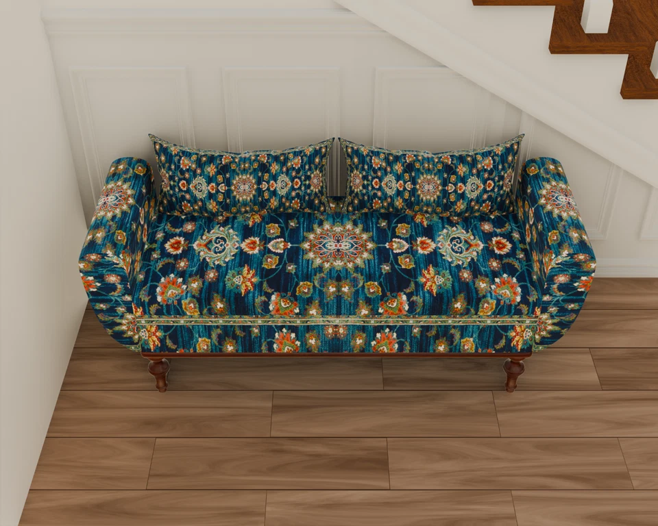 Lounging Ottoman Bench Sofa with arms, Bed End Bench Navy Blue and Flowers - Image 3 of 4