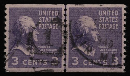 #842 3c Thomas Jefferson, Line Pair [8] Used ANY 5= - Afbeelding 1 van 1