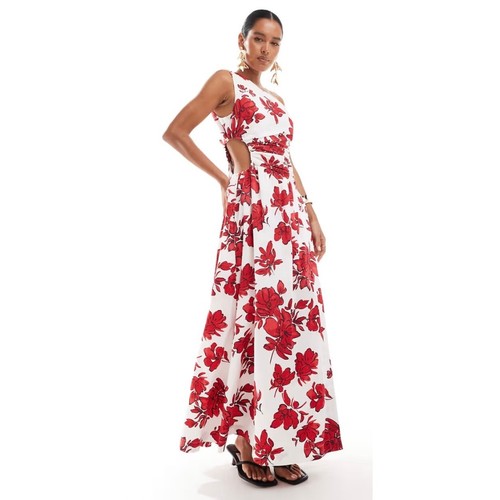 Abercrombie & Fitch Floral One Shoulder Cut Out Maxi Dress Slit White Red L NWOT - Bild 7 von 8