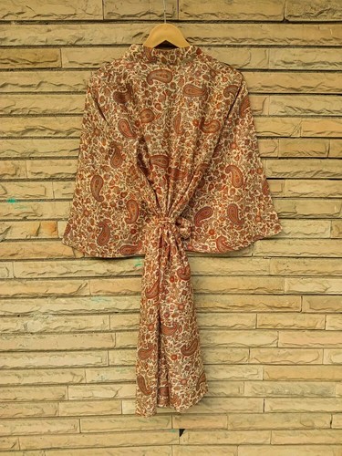 Midi Kimono Pure Silk Robe Knee Length Gown silk Kimono Robe Beige MKMO1259 - Picture 7 of 8