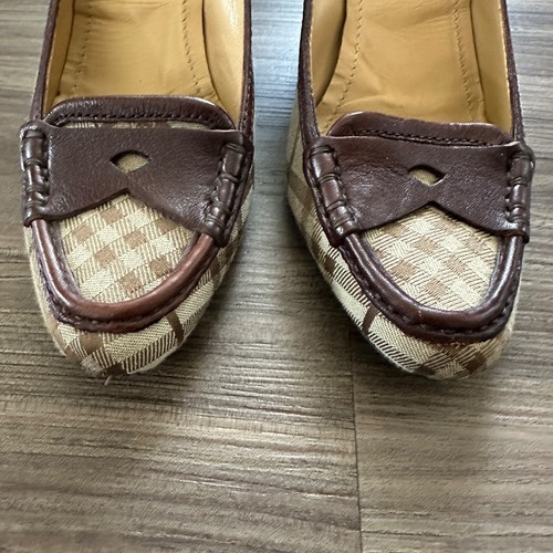 Burberry Heymarket Check Canvas Leather Loafers Heels Brown Size 38.5 - Picture 4 of 9