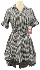 Emerald Sundae M Black Gingham Woven Cotton Button Front Hi/Lo Shirt Dress