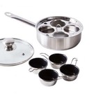 7pce S/S EGG POACHER PAN 4 HOLE CUP POACH SAUCEPAN FRYING GLASS LID NON STICK
