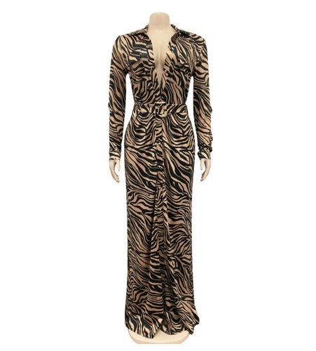 NEW Women With Sashes Print Bandage Long Sleeve High Slit Bodycon Maxi Dress #L9 - Picture 2 of 12