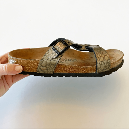 Birkis Metallic Embossed Double Strap Sandals Size 37 EU Cork Sole Comfort Foot - Picture 2 of 16