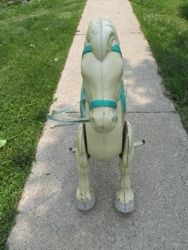 VINTAGE MOBO METAL RIDE-ON HORSE MECHANICAL PEDALS WHEELS TURQUOISE PINK WHITE! - Picture 8 of 13