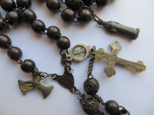 1800s Antique Dk Brown Wood Beads Rosary-Mini Statue/Sliding Bell/Rose Medal - Photo 9 sur 12