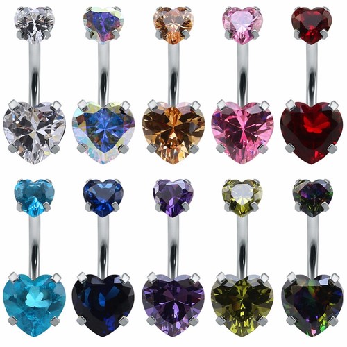 Gold Heart Shaped Crystal Belly Bars Women Body Piercing Navel Ring Button - Picture 18 of 20