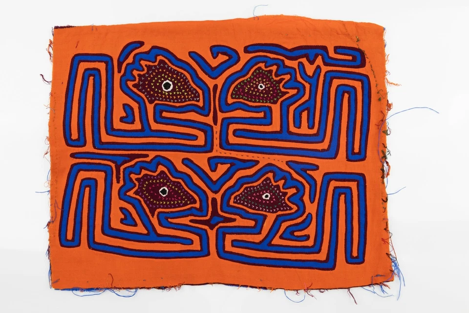 Kuna Indian Hand Stitch Orange and Blue Panama Mola Textile Art - Image 3 of 4