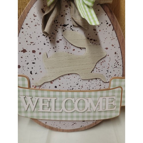 Huevo de Pascua de bienvenida colgante decoración de madera 15" x 15,5" arco de conejito - Imagen 2 de 5