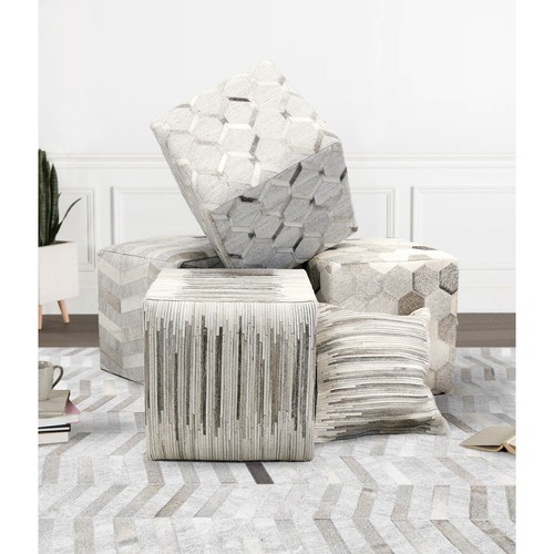 Pasargad Home Galaxy Cowhide Silver Pouf Silver 18"x18"x18"