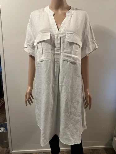H&M Ladies Short Sleeve Linen Blend  Shirt Dress Ivory White Pockets Size 10