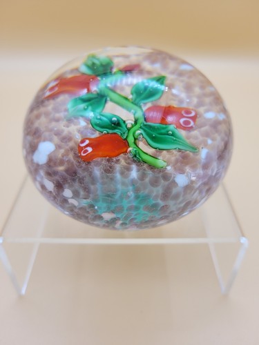 Art Glass Paperweight Orb Red Tulips Roses Green Stem Pink White Background - Picture 6 of 10