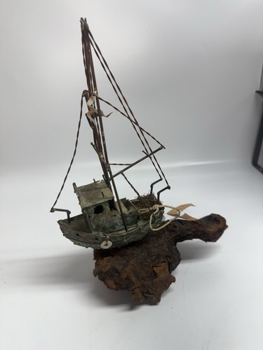 Vintage MCM Brutalistische Metall Fischerboot Skulptur auf Treibholz Mid Century Kunst - Bild 8 von 11