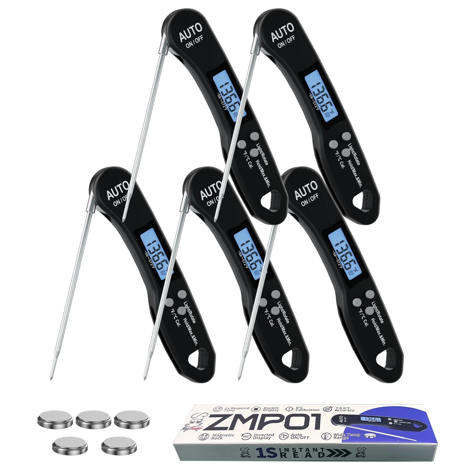 5 PCs Fast 1.2s Instant Read Meat Thermometer for Grilling & Smoking, ±1°F Ac...