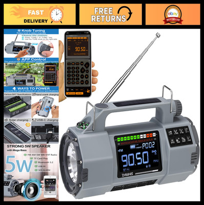 Emergency Radio with Bluetooth, Multi-Function Portable, Hand Crank/Solar/USB, 5