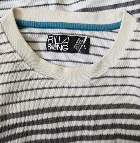 Vintage Y2K Billabong Shirt Herren L grau weiß gestreift L/S Thermo Waffel Logo Strick Tee - Bild 10 von 17