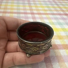 ANTIQUE RUBY GLASS PAIRPOINT PIERCED SILVER PLATE OPEN SALT DIP