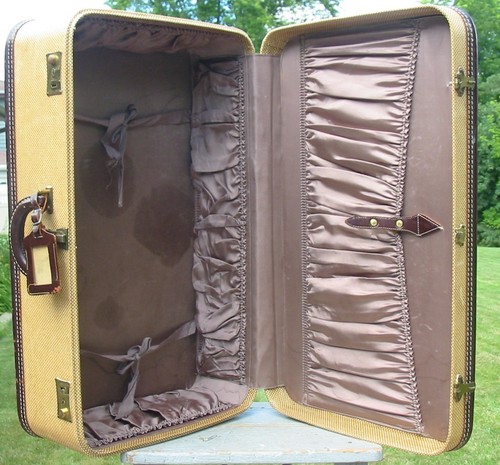 Vintage Travel Suitcase Clothes Trunk Kessler Luggage XL Wood Leather Cloth Old - Picture 7 of 11