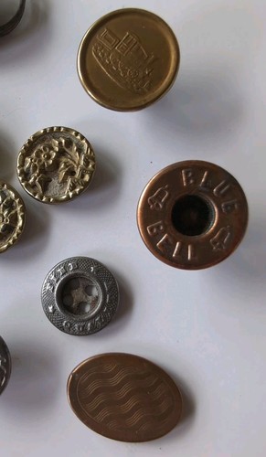 17 Antique Verbal Metal Overall Work Buttons Blue Buckle Kiddie Kover Blue Bell - Picture 4 of 13