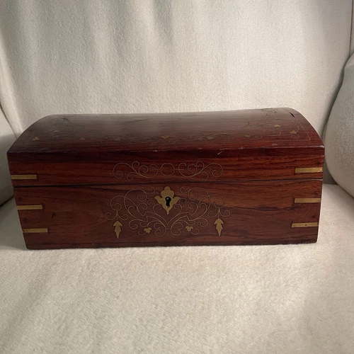 Vtg Wooden Jewelry Box W/ Brass Inlay Curved Lid Red Velvet Lining & Mirror