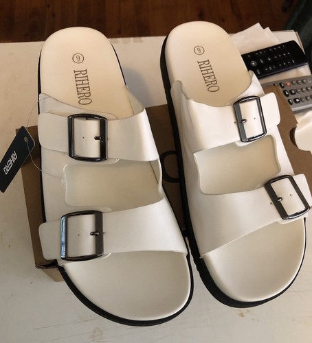 Sandali Rihero in pelle bianca con slide - ferramenta nera regolabili nuovi! Taglia 9 - Foto 3 di 9