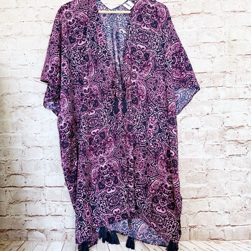 Swimsuits For All Womens Beach Cover Up Tassel Kimono Size 22/24 Navy Pink - Picture 1 of 7