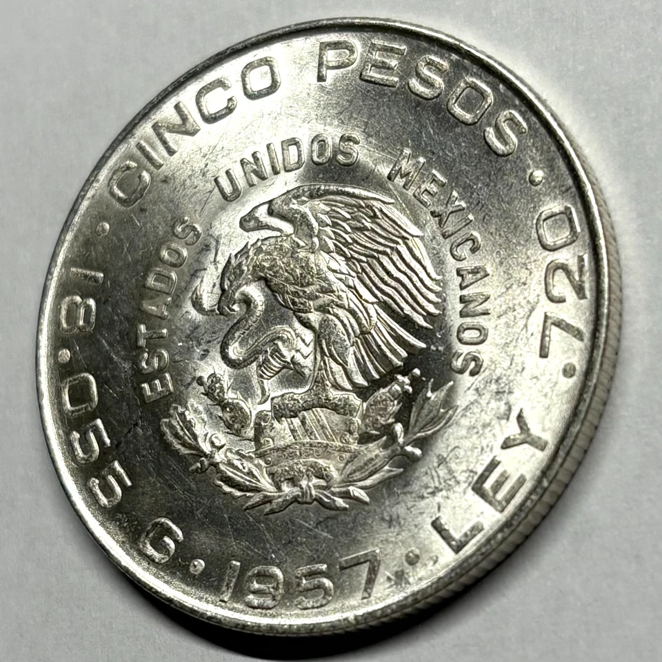 1957 Mexico 5 Pesos Hidalgo Silver Coin .720 Fine BU🔥Brilliant Uncirculated - Image 4 of 4