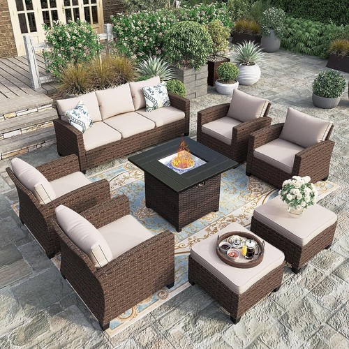 Patio Furniture Set Outdoor Wicker Rattan Sofas Conversation w/ Fire Pit Table. - Picture 2 of 12