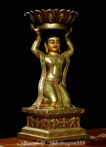 9.6" Chinese Buddhism Copper Gilt Kneeling Shakyamuni Buddha Statue Candlestick - Picture 3 of 9