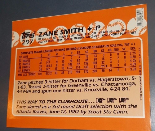 VTG MLB ZANE SMITH ATLANTA BRAVES 1988 TOPPS 297 CARD FOLDER 9.5" X 11.75" - Picture 2 of 3