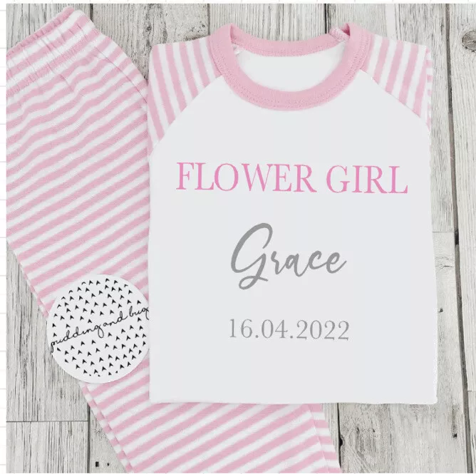 PERSONALISED FLOWER GIRL PYJAMAS Wedding Gift Pink White PJs