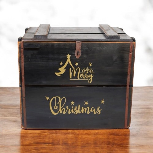 Rustic Vintage Black Merry Xmas Box Wooden Display Storage Crate Xmas Eve Box - Picture 6 of 6