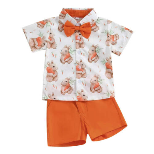 0-4Y Toddler Boys Easter Outfits Bow Tie Short Sleeve Shirts Tops and Shorts Set - Picture 7 of 14