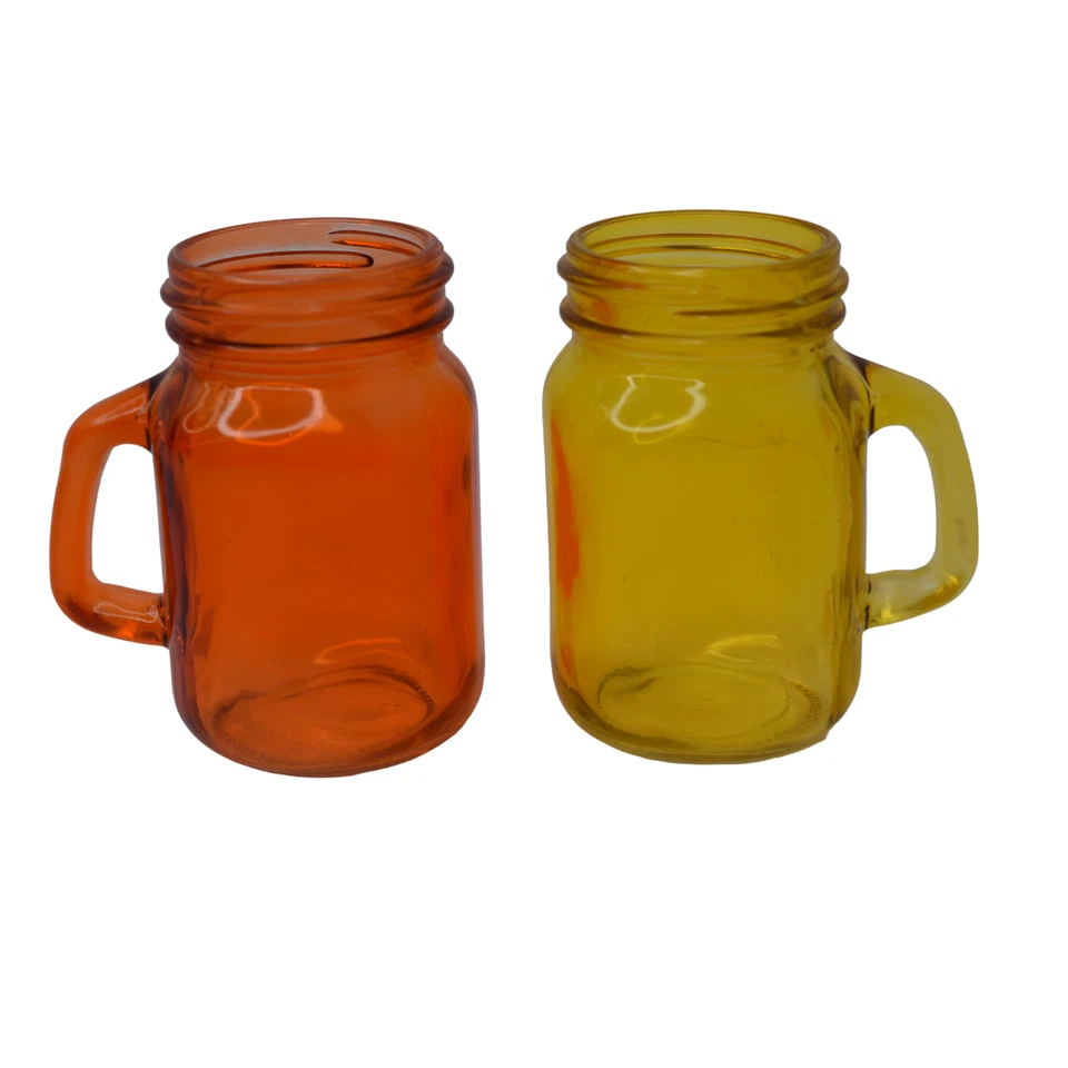 Juego de 2 vasos pequeños de vidrio de colores estilo tarro de albañil con mango naranja y amarillo Foto 3 de 4