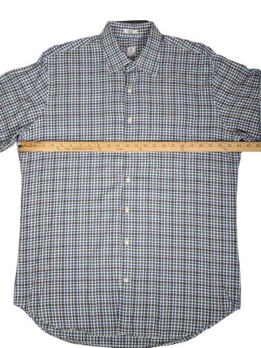 Peter Millar Button Front Shirt Olive Green Blue Check Plaid Mens Large - Picture 7 of 8