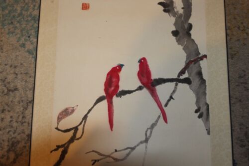 Antiguo pergamino chino pintado a mano pájaros rojos ramas de árboles firmadas 4 estampillas rojas - Imagen 9 de 18