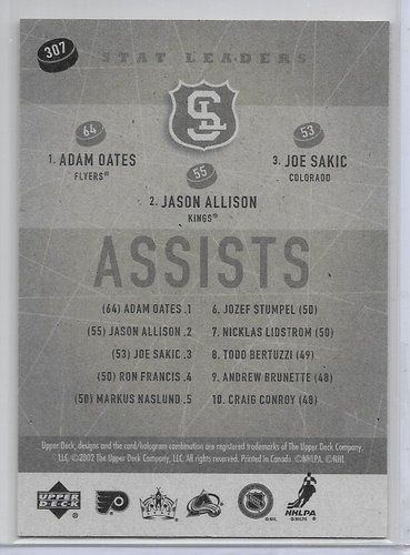 2002-03 Joe Sakic, Adam Oates & Jason Allison Upper Deck Vintage Hockey Card 307 - Imagen 2 de 2