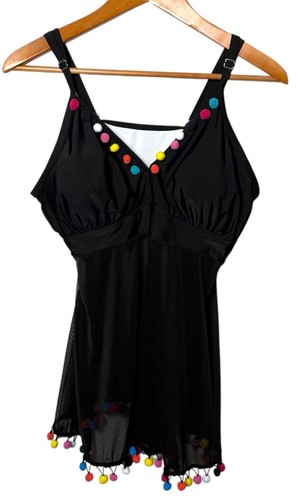 SHEIN Swim Curve Pom-Pom Decor Tankin nero trasparente (solo top) taglie forti 3XL - Foto 4 di 11