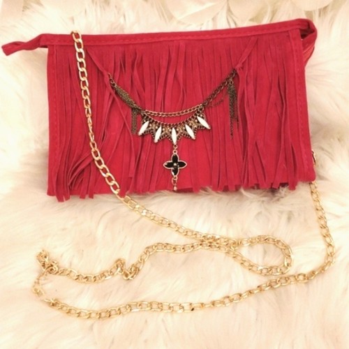 CROSSBODY Fringed Purse Fuscia Pink BOHEMIAN Beaded Chain Flower Charm Gypsy - Picture 7 of 11